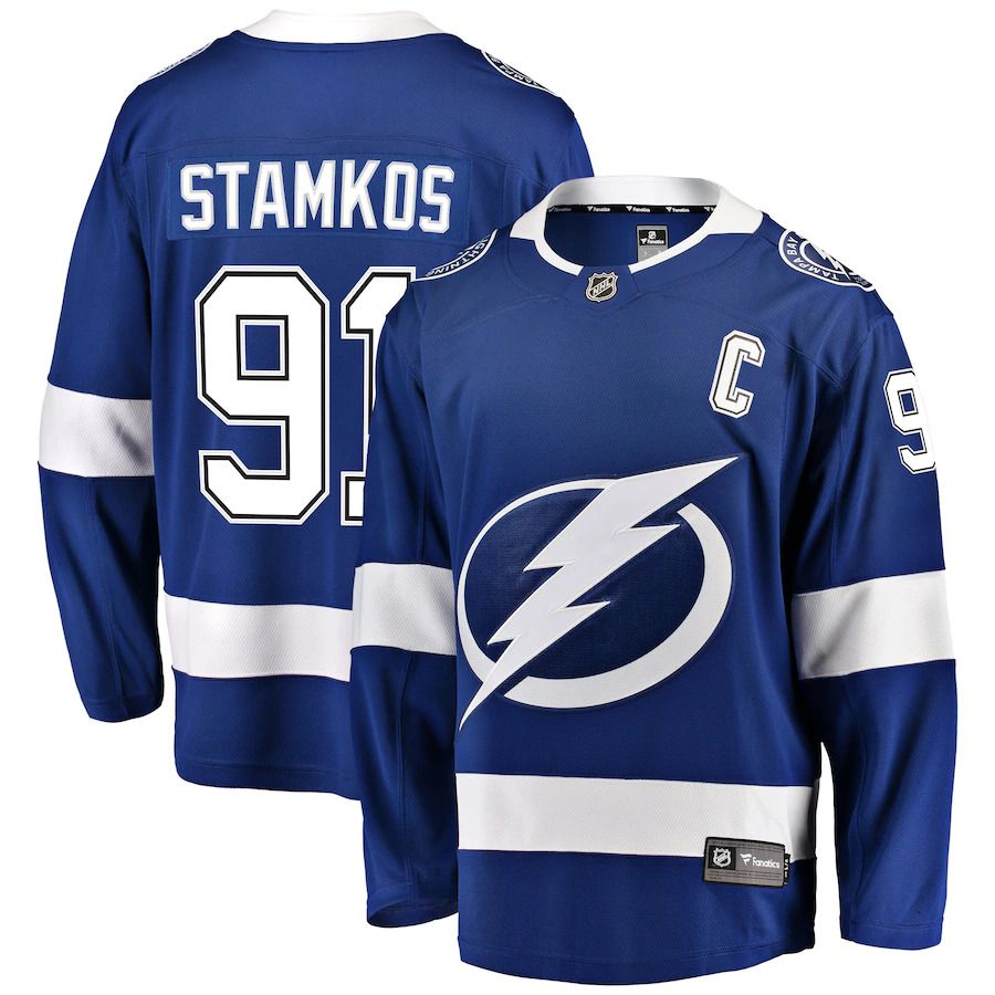 Men Tampa Bay Lightning #91 Steven Stamkos Fanatics Branded Blue Breakaway Player NHL Jersey->tampa bay lightning->NHL Jersey